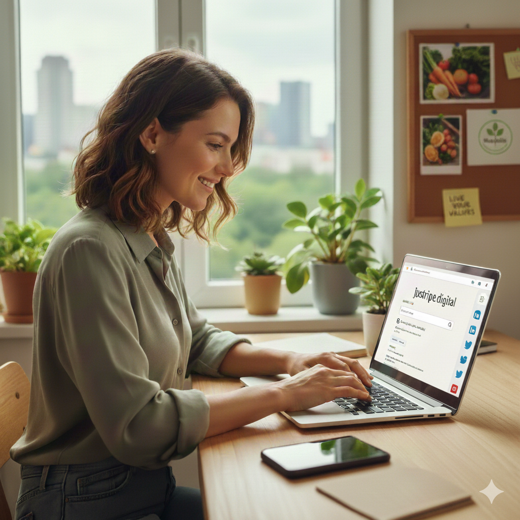A professional woman searching for remote vegan jobs on a laptop, illustrating the concept of aligning career goals with ethical values and plant-based living.